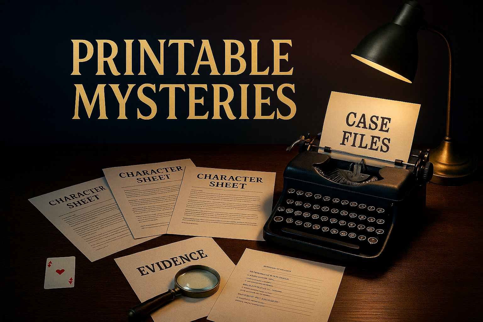 Printable Mysteries logo with typewriter, character sheets, and evidence case files for downloadable Murder Mystery games
