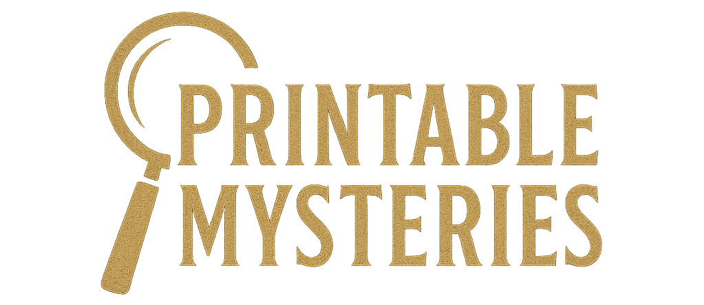 Printable Mysteries logo with magnifying glass design, representing downloadable Murder Mystery party games.